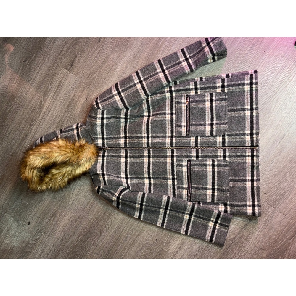 Forever 21 Womens Grey Plaid Hooded Coat Faux Fur Trim Full Zip Jacket Large B5